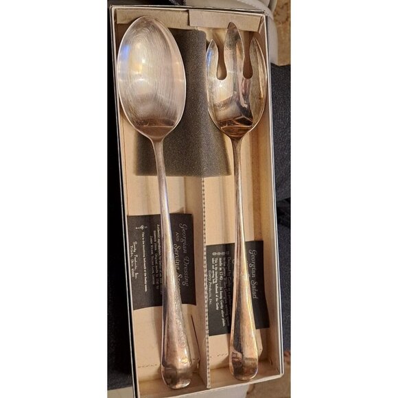 Gerity Silver Plate Serving Spoon & Salad Fork Set with Silver Felt Covers & Box - Picture 1 of 8